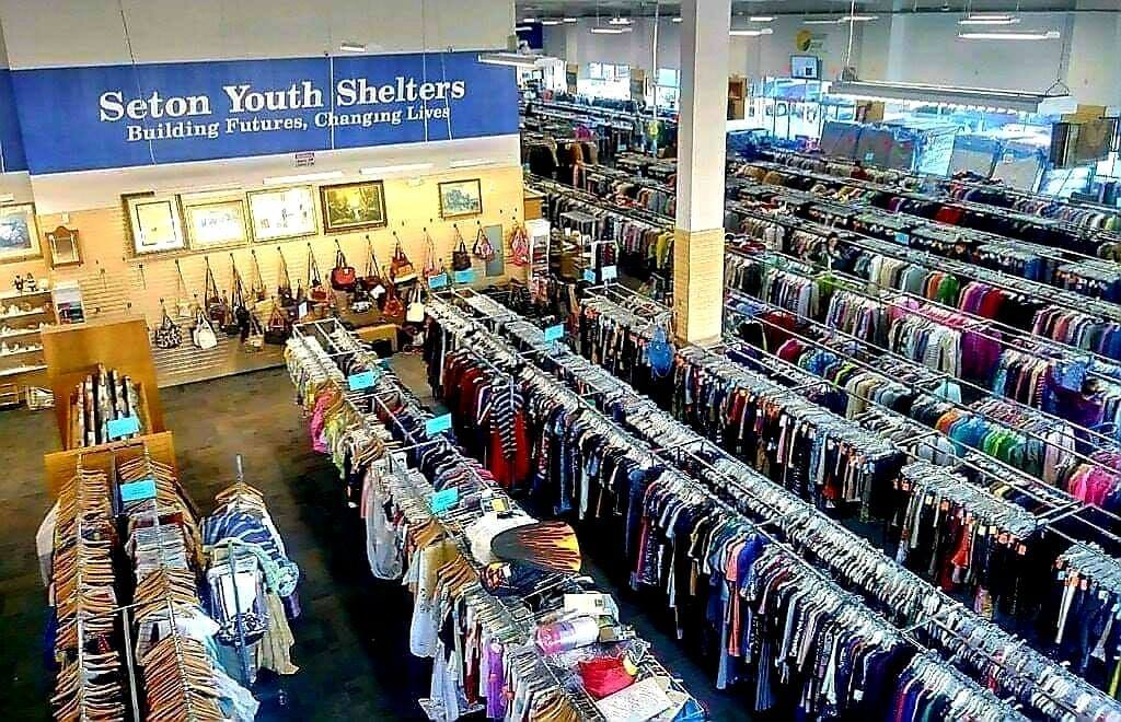 Thrift Store USA clothes section drone view