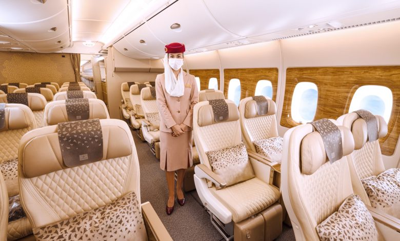 emirates a380 premium economy, airhostess in the picture