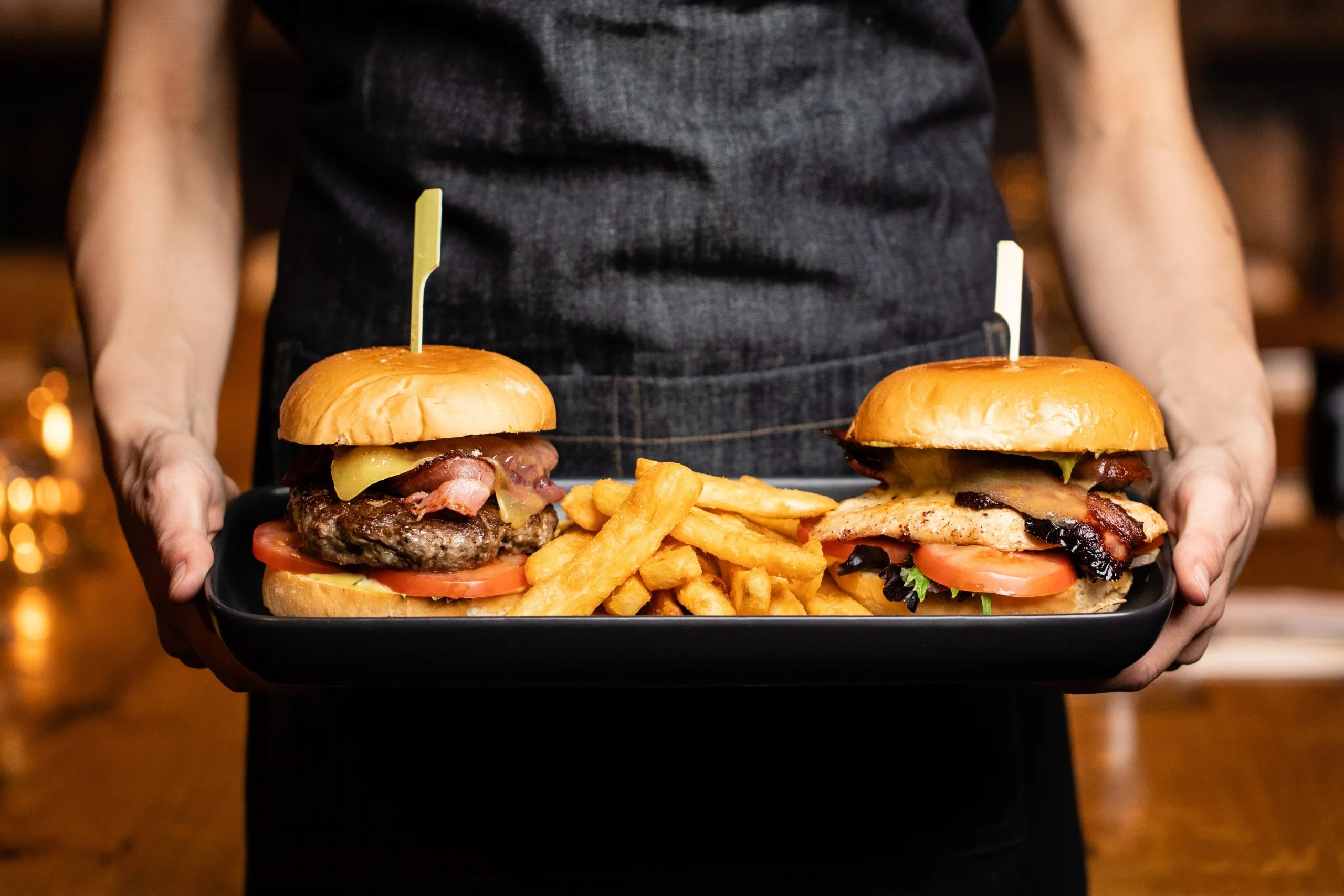 burger and fries on a tray