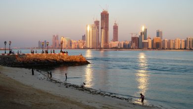 Abu Dhabi gleaming in evening light, taken from the Breakwater in the Marina area.