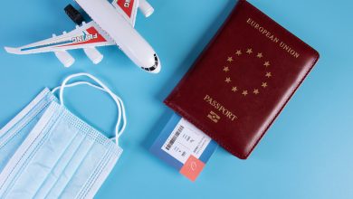 Airplane, passport, airline ticket, mask on blue background