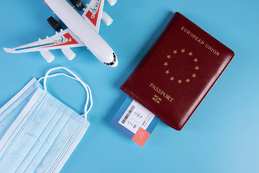 Airplane, passport, airline ticket, mask on blue background