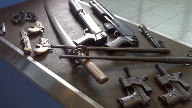 weapons at airport. Katana, glock, shotgun etc