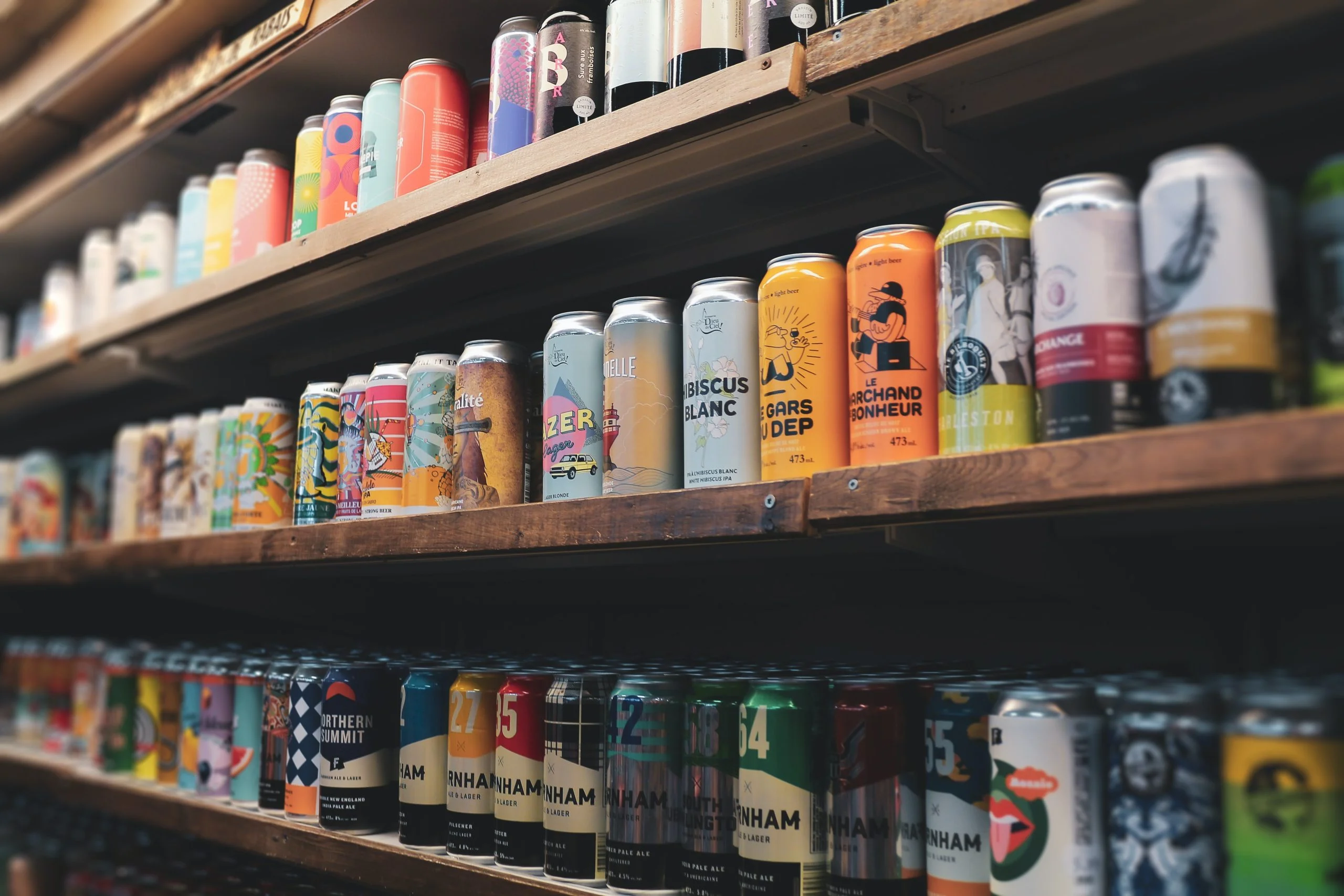 beer cans on shelf