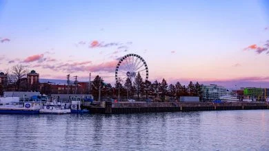 navy pier view ferris wheel and lake