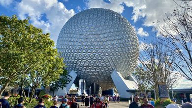 Epcot entry plaza and Spaceship Earth.