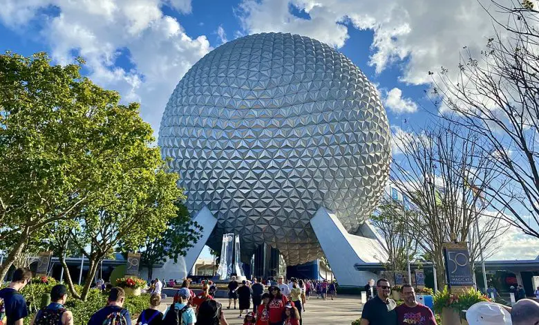 Epcot entry plaza and Spaceship Earth.