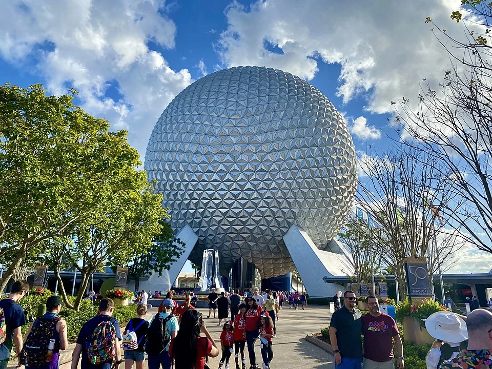 Epcot entry plaza and Spaceship Earth.