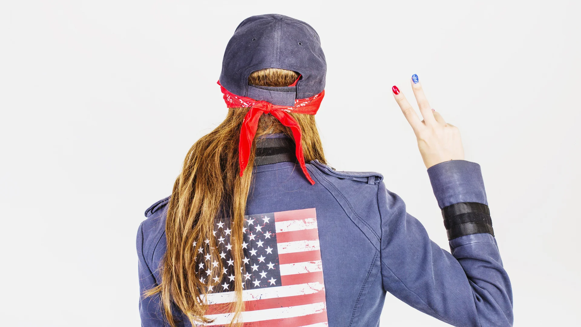 Woman wearing American flag jacket