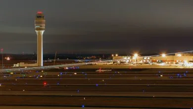 atlanta international airport at night runway illuminated