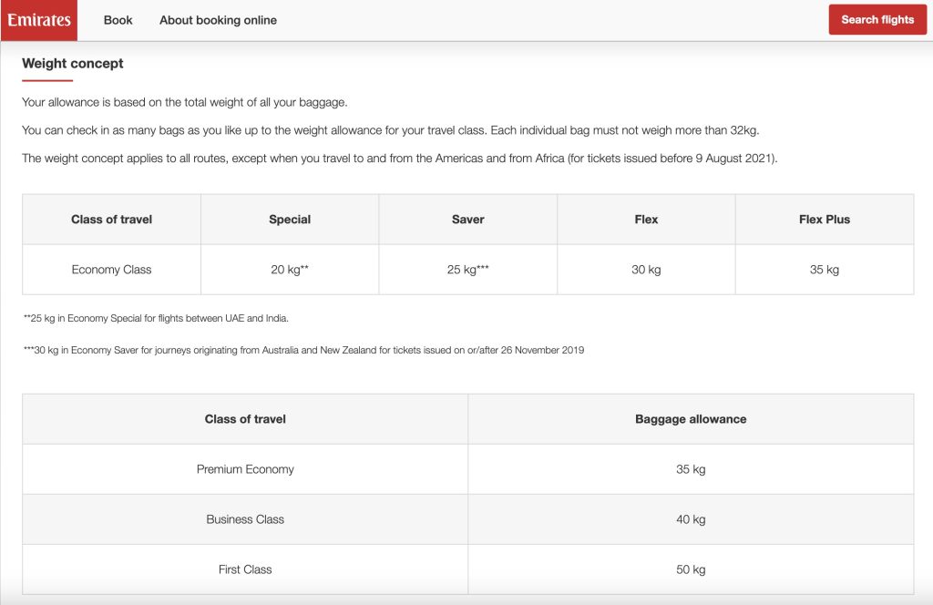 emirates baggage allowance