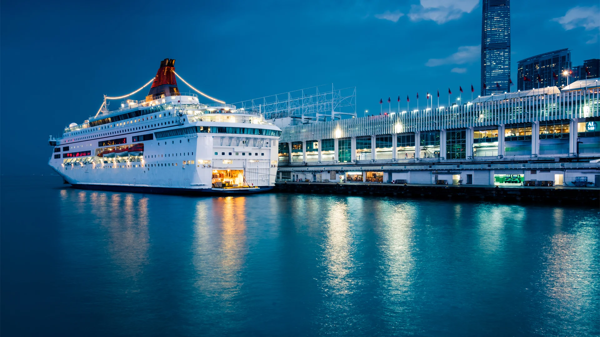 Big cruise ship on the deck