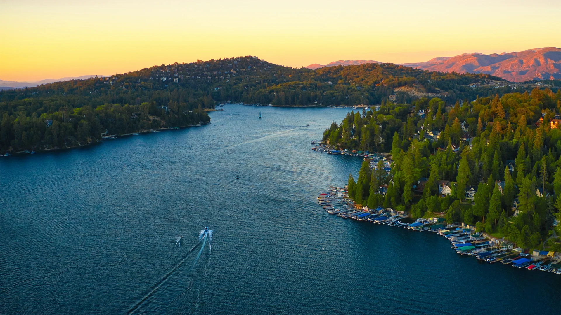 Drone shot of a lake in Lake Arrowhead