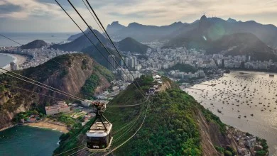 View from a cable car over Copacabana and downtown Rio de Janiero from sugar loaf mountain at golden hour.