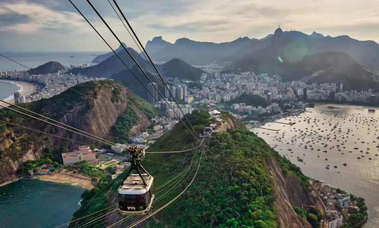 View from a cable car over Copacabana and downtown Rio de Janiero from sugar loaf mountain at golden hour.