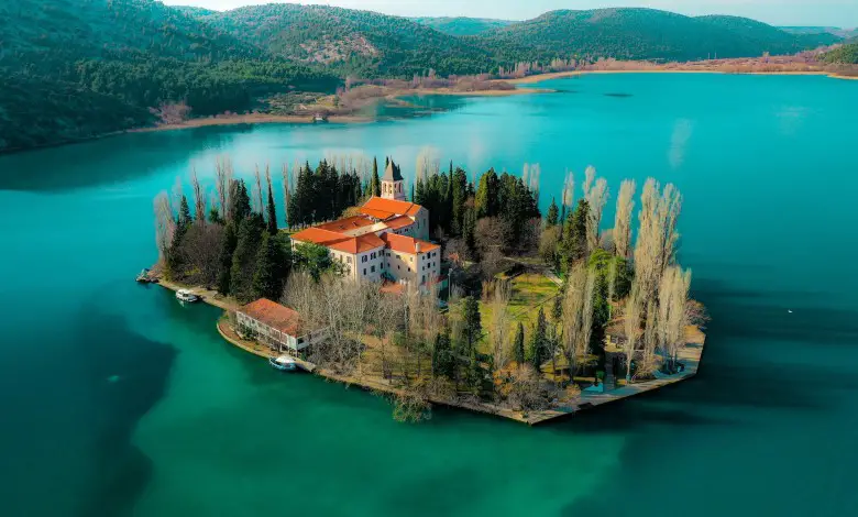 Beautiful view of Visovac Island, National park Krka, Croatia