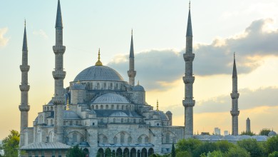 Golden hour view of the magnificent Sultan Ahmet Mosque (Sultan Ahmet Camii) in Istanbul Turkey.