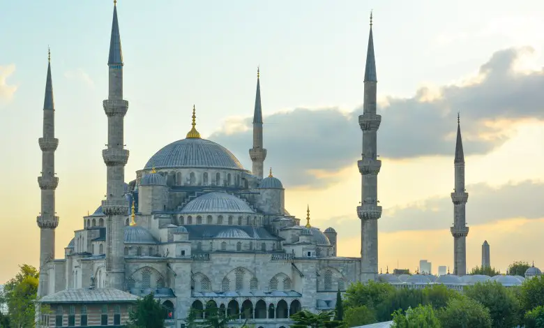 Golden hour view of the magnificent Sultan Ahmet Mosque (Sultan Ahmet Camii) in Istanbul Turkey.