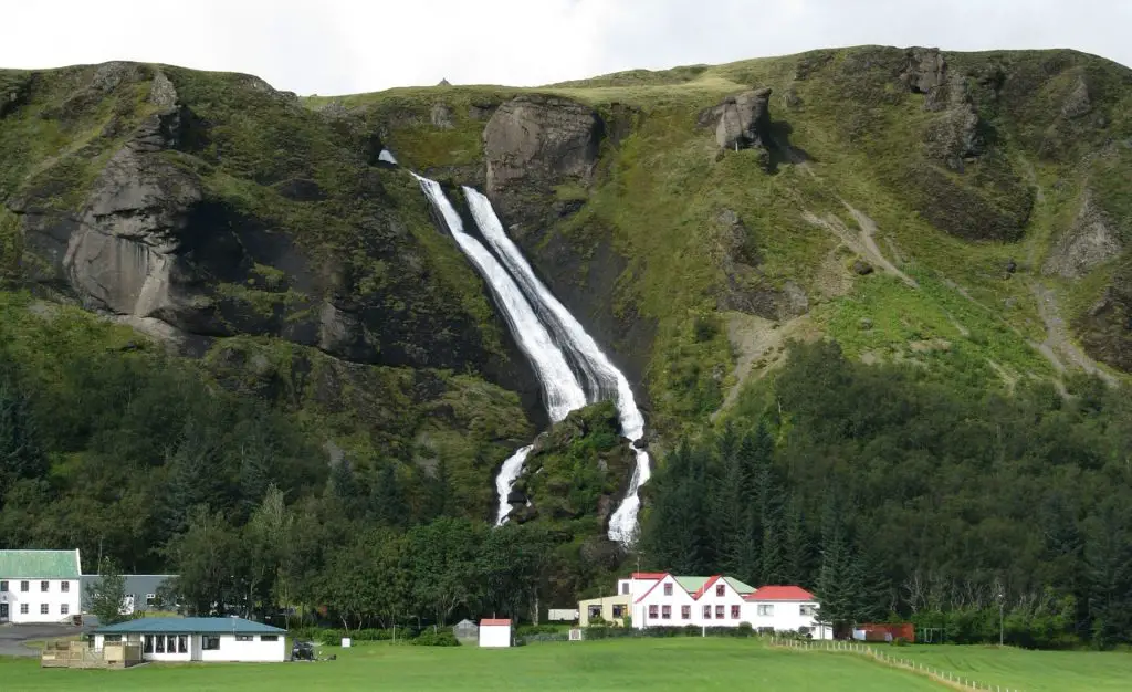 A scenic view of Systrafoss Waterfall