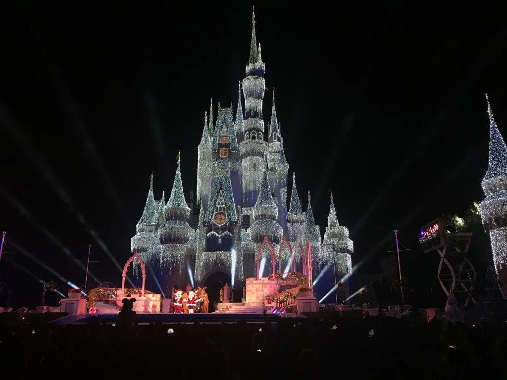 Cinderella Castle in Magic Kingdom Park, Walt Disney World Resort. Mickey's Most Merriest Celebration during Mickey's Very Merry Christmas Party