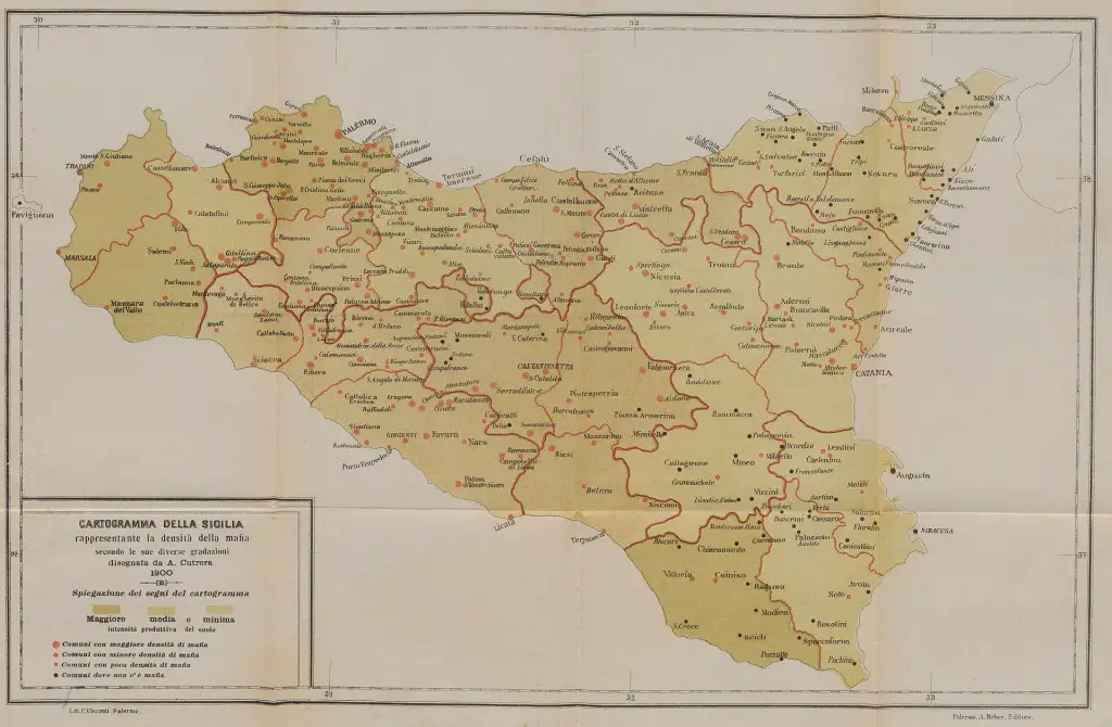 1900 map of Mafia presence in Sicily. Towns with Mafia activity are marked as red dots. The Mafia operated mostly in the west, in areas of rich agricultural productivity.