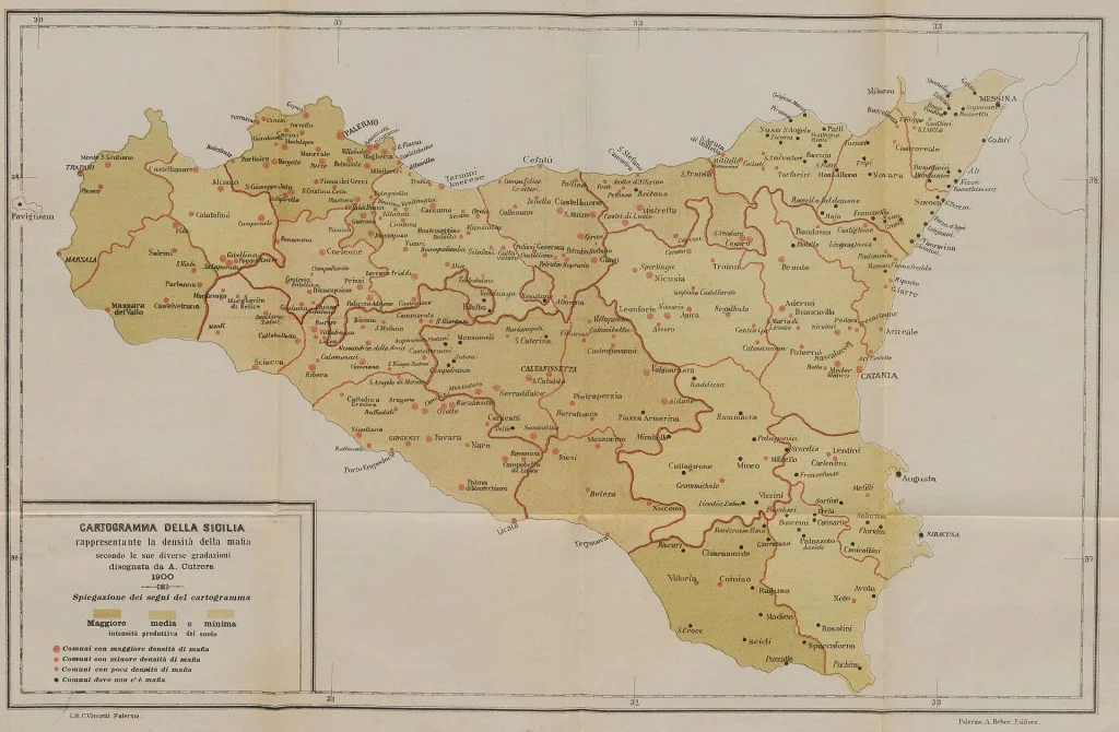 1900 map of Mafia presence in Sicily. Towns with Mafia activity are marked as red dots. The Mafia operated mostly in the west, in areas of rich agricultural productivity.